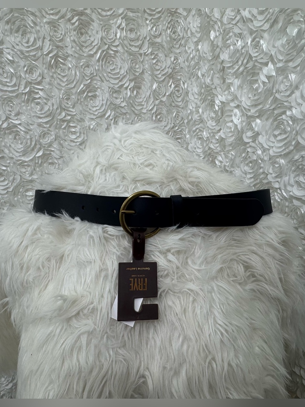 Frye Black Genuine Leather Belt Gold Round Buckle Large NWOT